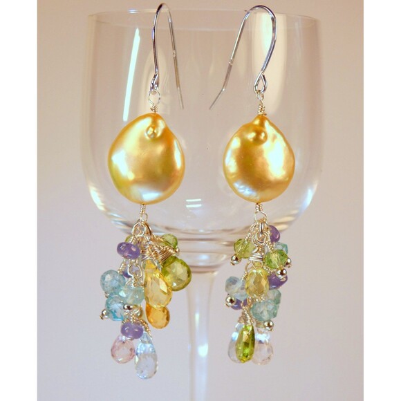 Pearl Aquamarine-Tanzanite-Yellow Quartz-Rock Quartz Sterling Beaded Earrings - Picture 4 of 7